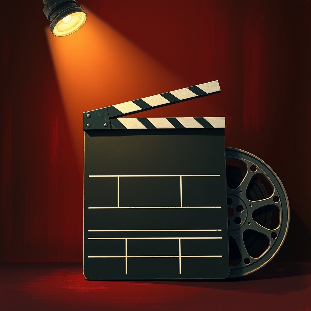 spot ışığında klaket ve film makarası
