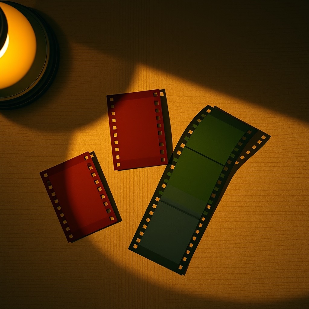 kurgu masasında lamba ışığında renkli film şeridi kırpıntıları