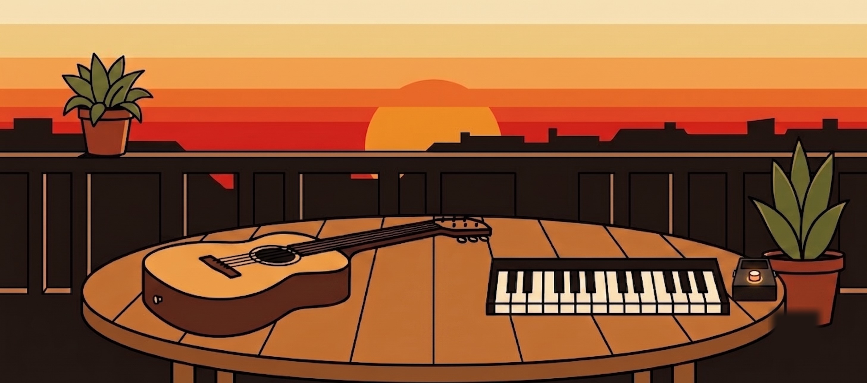 verandada yuvarlak masada gitar, piyano tuşları ve loop pedalı